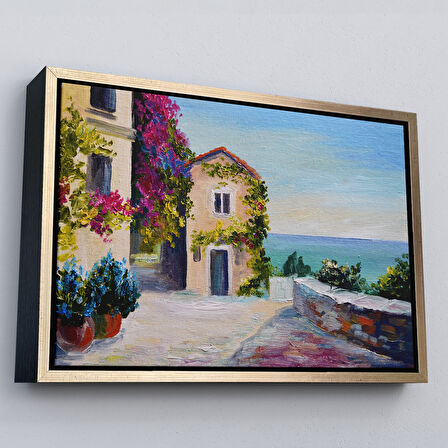 Kahverengi Çerçeveli Santorinide Deniz Manzaralı Ev Kanvas Duvar Tablosu