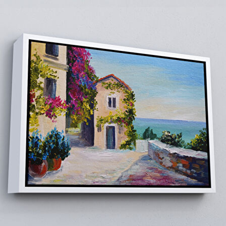 Kahverengi Çerçeveli Santorinide Deniz Manzaralı Ev Kanvas Duvar Tablosu