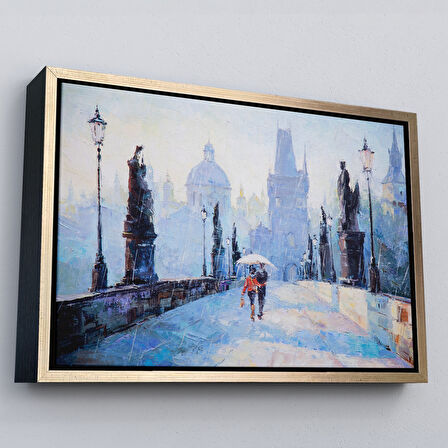 Beyaz Çerçeveli Şemsiye Altında Bir Çift Aşık Temalı Kanvas Duvar Tablosu