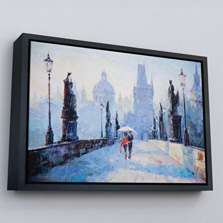 Siyah Çerçeveli Şemsiye Altında Bir Çift Aşık Temalı Kanvas Duvar Tablosu