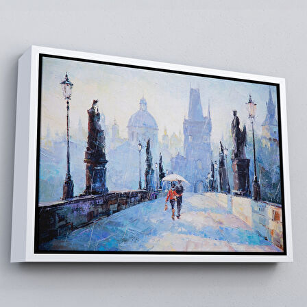 Siyah Çerçeveli Şemsiye Altında Bir Çift Aşık Temalı Kanvas Duvar Tablosu