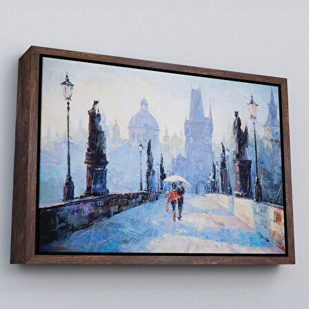 Siyah Çerçeveli Şemsiye Altında Bir Çift Aşık Temalı Kanvas Duvar Tablosu