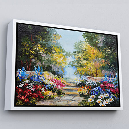 Siyah Çerçeveli Yaz Ormanı ve Renkli Güzel Çiçekler Kanvas Duvar Tablosu
