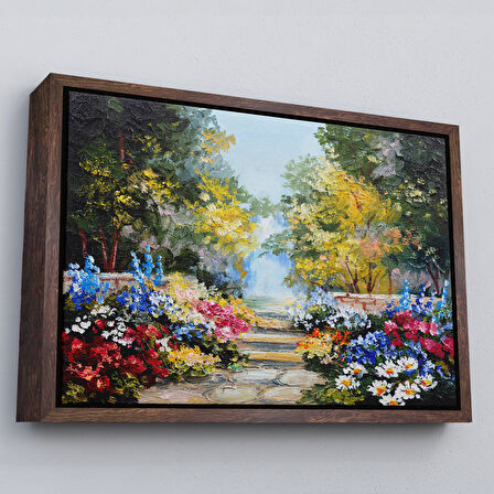 Siyah Çerçeveli Yaz Ormanı ve Renkli Güzel Çiçekler Kanvas Duvar Tablosu