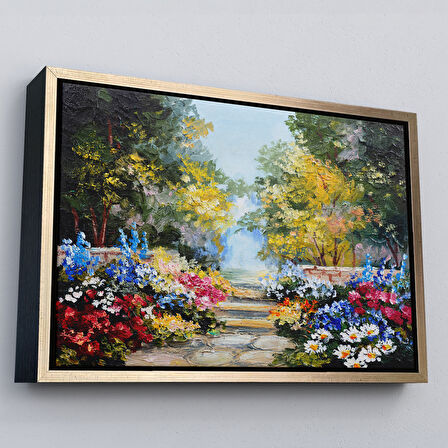 Siyah Çerçeveli Yaz Ormanı ve Renkli Güzel Çiçekler Kanvas Duvar Tablosu