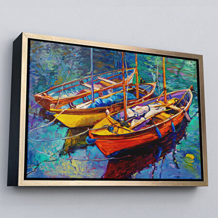 Altın Çerçeveli Okyanus Üzerinde Gün Batımı Tekne ve Deniz Kanvas Duvar Tablosu