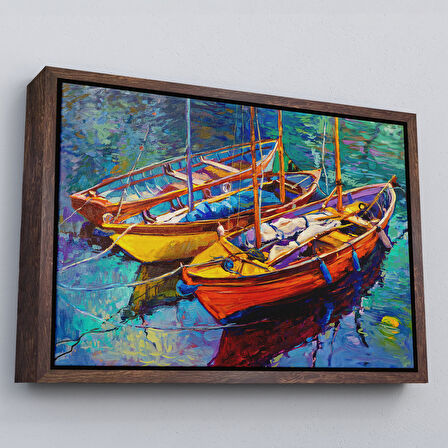 Altın Çerçeveli Okyanus Üzerinde Gün Batımı Tekne ve Deniz Kanvas Duvar Tablosu
