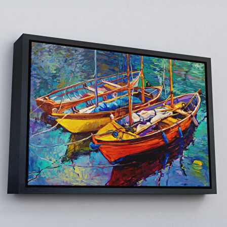 Siyah Çerçeveli Okyanus Üzerinde Gün Batımı Tekne ve Deniz Kanvas Duvar Tablosu