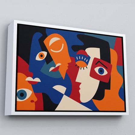 Beyaz Çerçeveli Picasso Tarzı Soyut İnsan Yüzleri Kanvas Duvar Tablosu