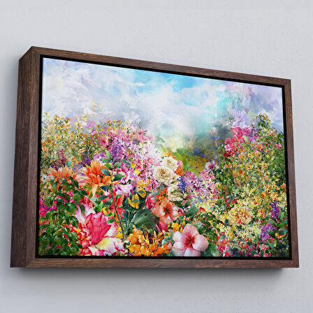 Beyaz Çerçeveli Suluboya Görünümlü Çok Renkli Çiçek Manzaralı Kanvas Tablo