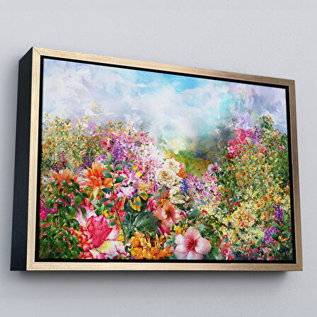 Beyaz Çerçeveli Suluboya Görünümlü Çok Renkli Çiçek Manzaralı Kanvas Tablo