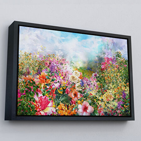 Beyaz Çerçeveli Suluboya Görünümlü Çok Renkli Çiçek Manzaralı Kanvas Tablo