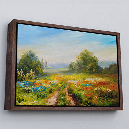 Beyaz Çerçeveli Çiçek Tarlası Yağlıboya Görünümlü Duvar Tablosu