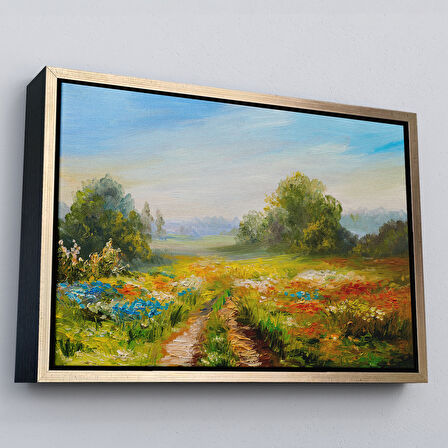 Beyaz Çerçeveli Çiçek Tarlası Yağlıboya Görünümlü Duvar Tablosu