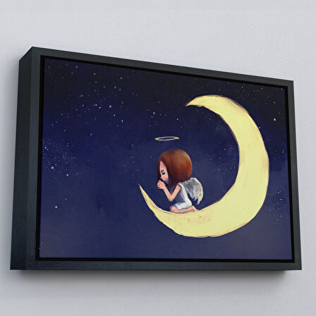 Altın Çerçeveli Ay'da Diz Çöküp Dua Eden Melek Kızın Tablosu