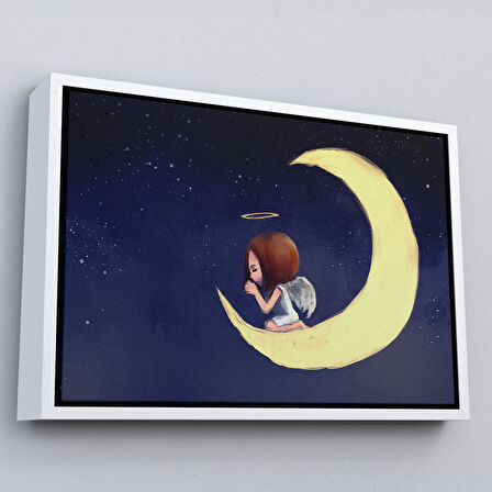 Altın Çerçeveli Ay'da Diz Çöküp Dua Eden Melek Kızın Tablosu