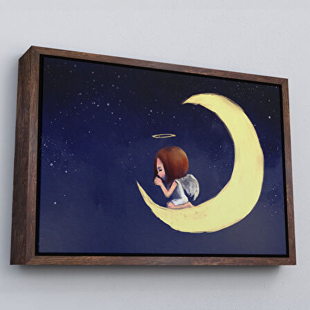 Altın Çerçeveli Ay'da Diz Çöküp Dua Eden Melek Kızın Tablosu