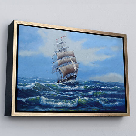 Kahverengi Çerçeveli Dalgalı Okyanustaki Büyük Yelkenli Duvar Tablosu