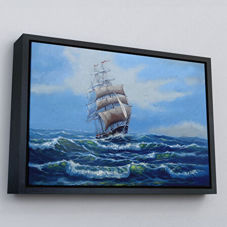 Siyah Çerçeveli Dalgalı Okyanustaki Büyük Yelkenli Duvar Tablosu