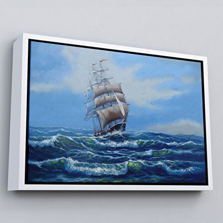 Siyah Çerçeveli Dalgalı Okyanustaki Büyük Yelkenli Duvar Tablosu