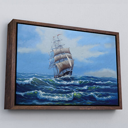 Siyah Çerçeveli Dalgalı Okyanustaki Büyük Yelkenli Duvar Tablosu