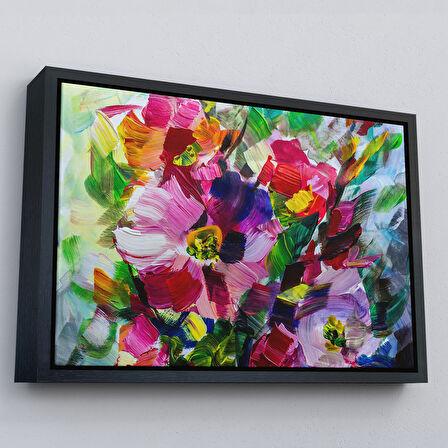 Beyaz Çerçeveli Renkli Çiçekler Yağlı Boya Görünümlü Kanvas Tablo