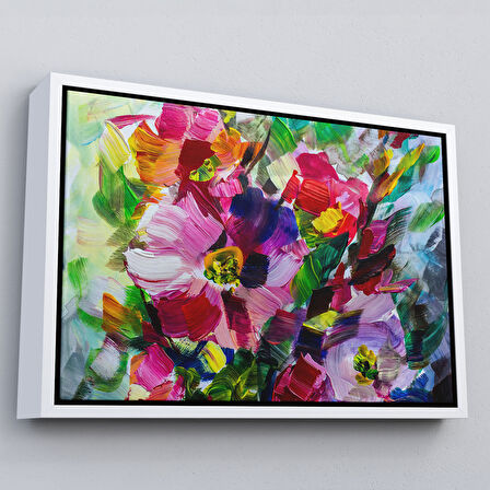 Kahverengi Çerçeveli Renkli Çiçekler Yağlı Boya Görünümlü Kanvas Tablo