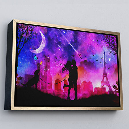 Altın Çerçeveli Eyfel Kulesi Önünde Öpüşen Çift Duvar Tablosu