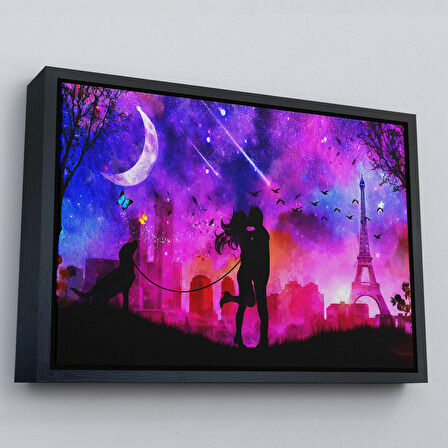 Altın Çerçeveli Eyfel Kulesi Önünde Öpüşen Çift Duvar Tablosu