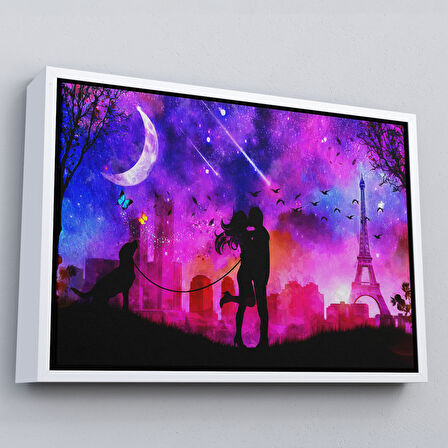 Altın Çerçeveli Eyfel Kulesi Önünde Öpüşen Çift Duvar Tablosu