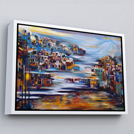 Beyaz Çerçeveli Volkan Eteğindeki Kasaba Duvar Tablosu