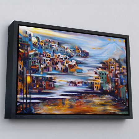 Beyaz Çerçeveli Volkan Eteğindeki Kasaba Duvar Tablosu