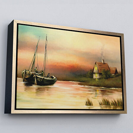 Altın Çerçeveli Rusya Köy Balıkçıları Manzara Duvar Tablosu