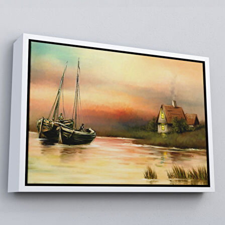 Kahverengi Çerçeveli Rusya Köy Balıkçıları Manzara Duvar Tablosu