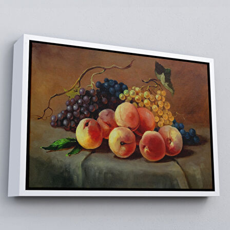 Beyaz Çerçeveli Masa Üstündaki Meyveler Yağlı Boya Görünümlü Tablo