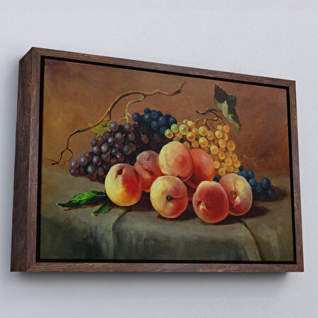 Beyaz Çerçeveli Masa Üstündaki Meyveler Yağlı Boya Görünümlü Tablo