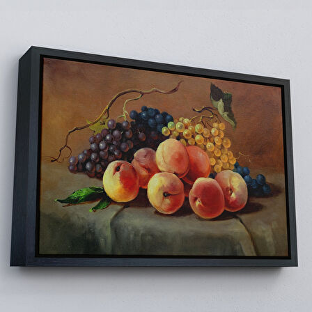 Siyah Çerçeveli Masa Üstündaki Meyveler Yağlı Boya Görünümlü Tablo