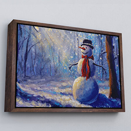 Kahverengi Çerçeveli Ormanında Güneş Işınlarıyla Aydınlatılan Kardanadam Tablosu