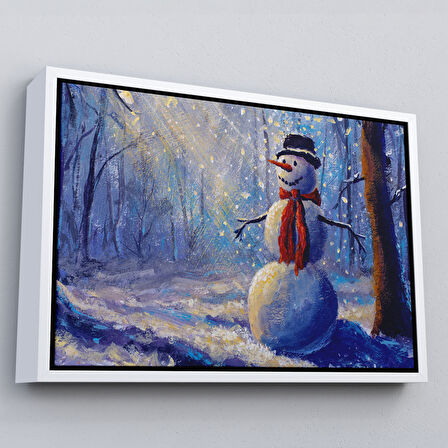 Siyah Çerçeveli Ormanında Güneş Işınlarıyla Aydınlatılan Kardanadam Tablosu