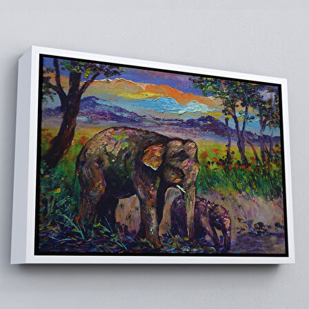 Siyah Çerçeveli Ormandaki Yavru Fil ve Anne Fil Tablosu