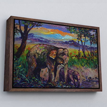 Siyah Çerçeveli Ormandaki Yavru Fil ve Anne Fil Tablosu