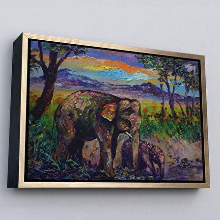 Siyah Çerçeveli Ormandaki Yavru Fil ve Anne Fil Tablosu