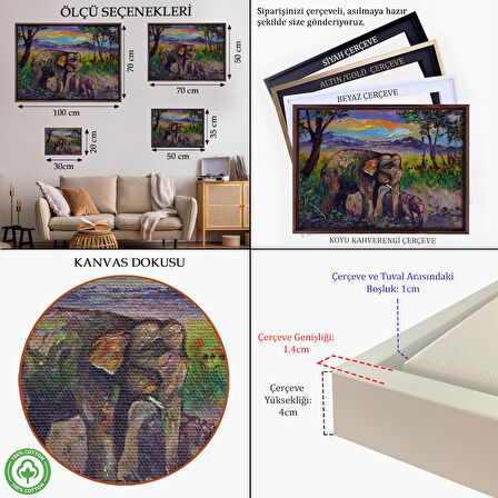 Siyah Çerçeveli Ormandaki Yavru Fil ve Anne Fil Tablosu