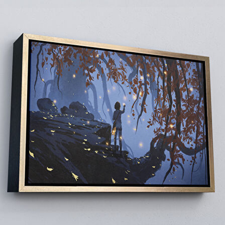 Altın Çerçeveli Ağaçlardan Düşen Parlak Yaprakları Toplayan Kadın Tablosu