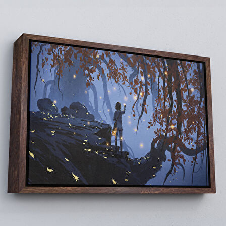 Siyah Çerçeveli Ağaçlardan Düşen Parlak Yaprakları Toplayan Kadın Tablosu