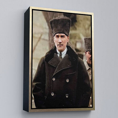 Altın Çerçeveli Atatürk Portre Tablosu Mustafa Kemal Atatürk Dikdörtgen Dekoratif Kanvas Tablo