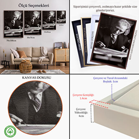 Kahverengi Çerçeveli Atatürk Portre Tablosu Mustafa Kemal Atatürk Dikdörtgen Dekoratif Kanvas Tablo