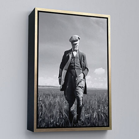 Altın Çerçeveli Atatürk Portre Tablosu Mustafa Kemal Atatürk Dikdörtgen Dekoratif Kanvas Tablo