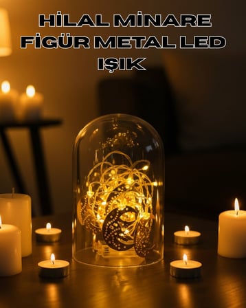 Led Şeritler Ramazan Minare Detaylı Hilal Işık Günışığı Sarı Metal Süs