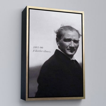 Kahverengi Çerçeveli Atatürk Portre Tablosu Mustafa Kemal Atatürk Dikdörtgen Dekoratif Kanvas Tablo